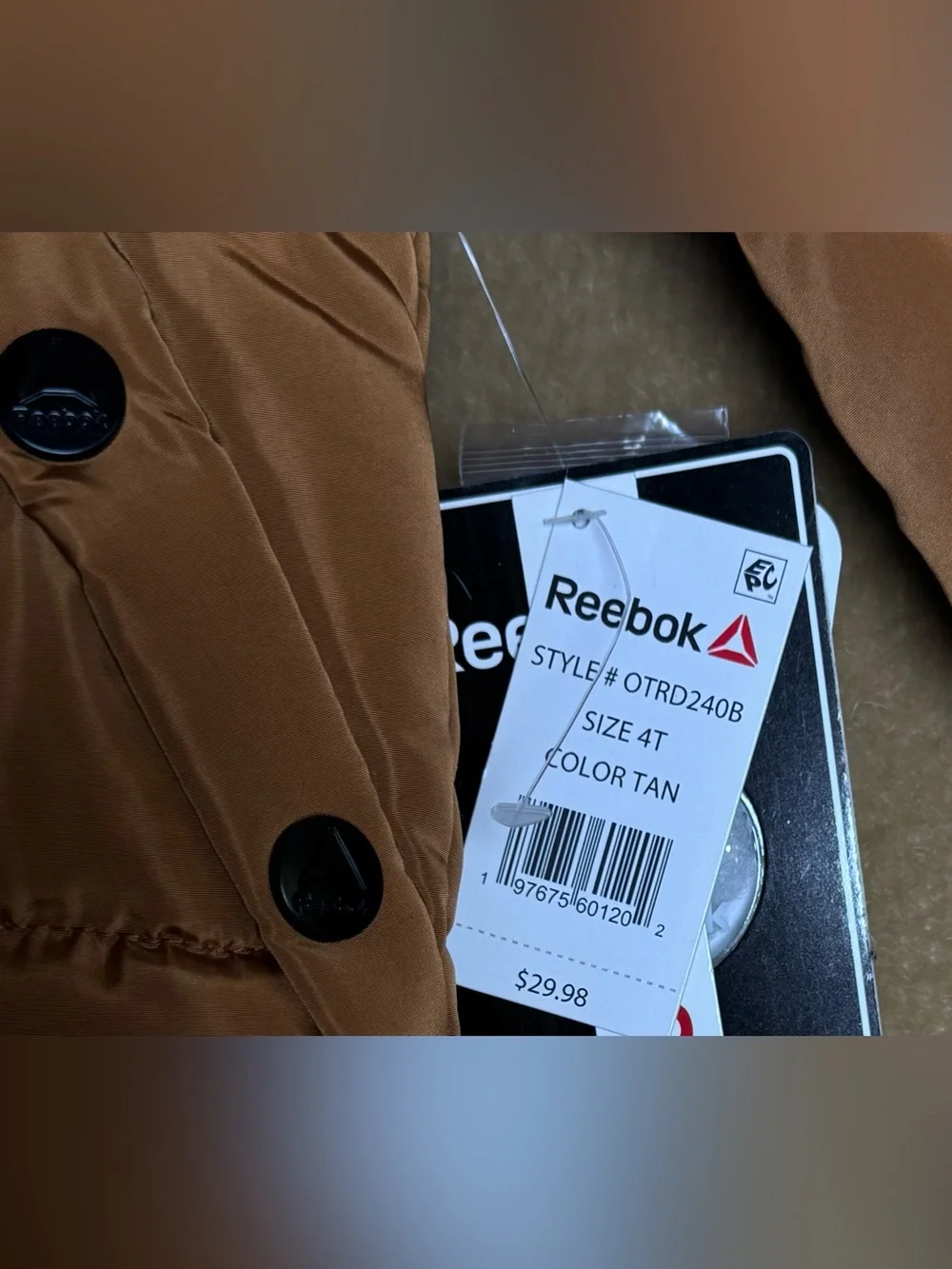 Kids Reebok Brown and Black Puffer Jacket NWT